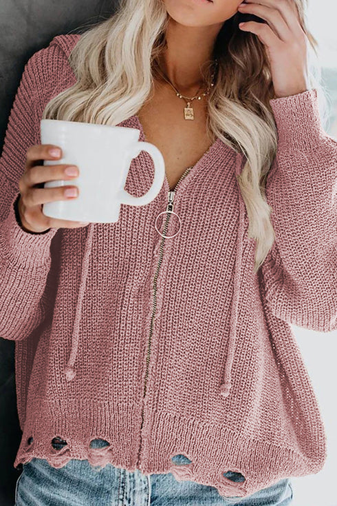 Zipper V-Neck Dropped Sleeve Hooded Solid Sweater